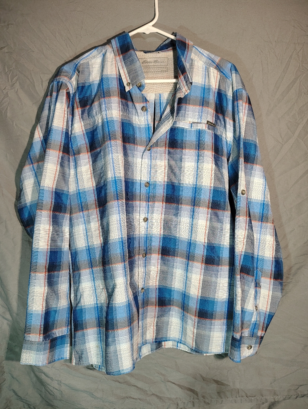 Eddie Bauer Men's Blue White And Orange Stripe Plaid Button Shirt Classic Fit